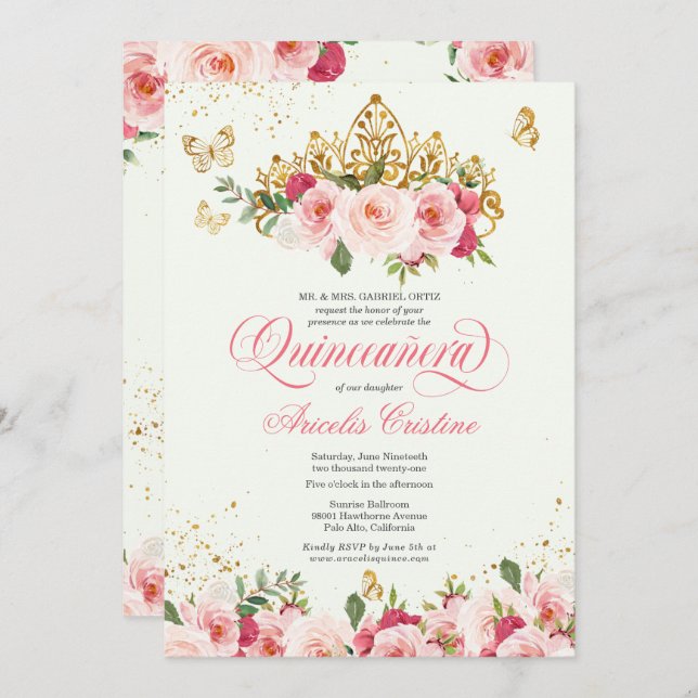Quinceañera Butterfly Mint & Pink Watercolor Rose Invitation (Front/Back)
