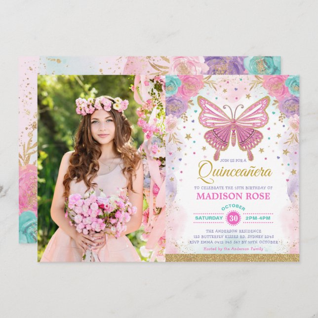 Quinceañera Butterfly Pink Purple Teal Birthday Invitation (Front/Back)