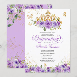 Quinceañera Butterfly & Purple Watercolor Flowers Invitation