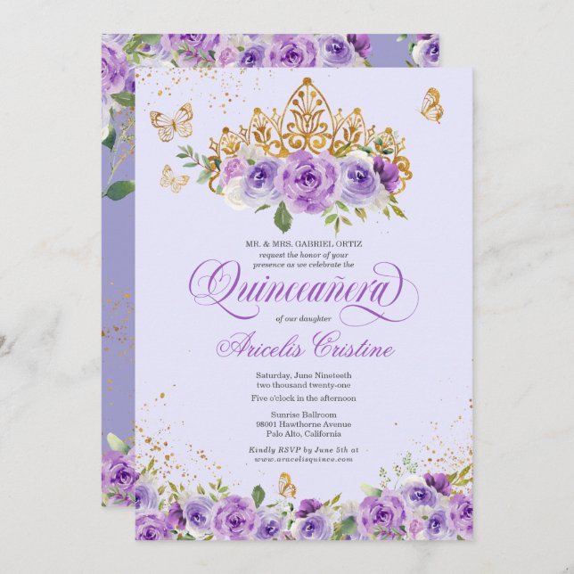 Quinceañera Butterfly & Purple Watercolor Flowers  Invitation (Front/Back)