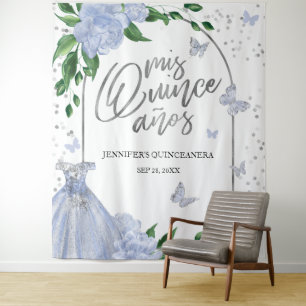 Quinceanera Butterflys Dusty Blue Gown Backdrop Tapestry