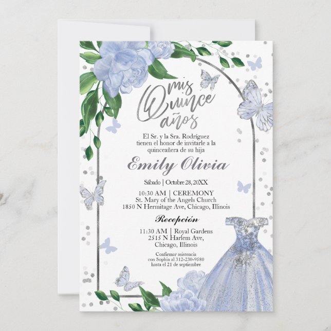 Quinceanera Butterflys Dusty Blue Gown Spanish Invitation (Front)