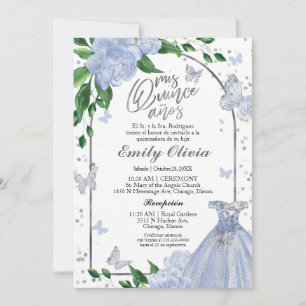Quinceanera Butterflys Dusty Blue Gown Spanish Invitation