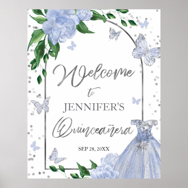 Quinceanera Butterflys Dusty Blue Welcome Sign (Front)
