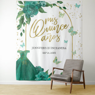 Quinceanera Butterflys Emerald Green Gown Backdrop Tapestry