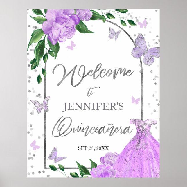 Quinceanera Butterflys Lavender Welcome Sign (Front)