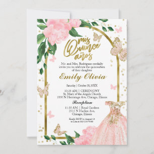 Quinceanera Butterflys Pink Blush Gown Invitation