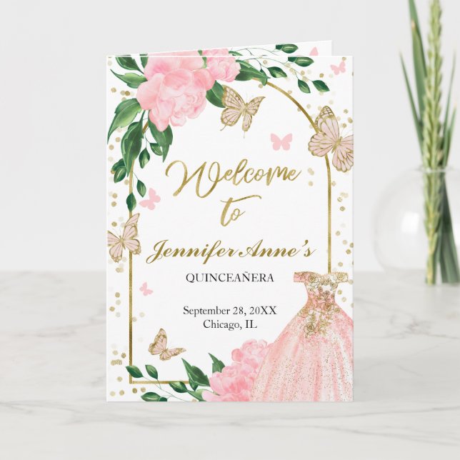 Quinceanera Butterflys Pink Blush Gown Programs (Front)