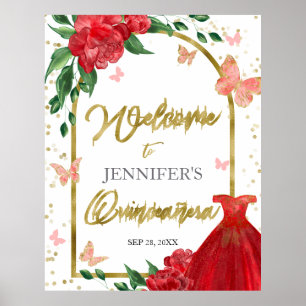Quinceanera Butterflys Red Gown Welcome Sign
