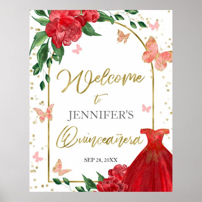 Quinceanera Butterflys Red Gown Welcome Sign (Front)