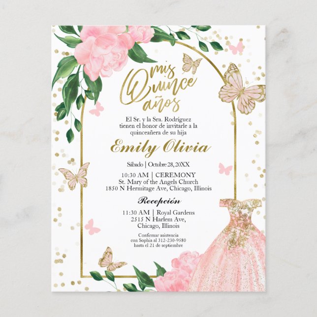 Quinceanera Butterflys Spanish Budget Invitation (Front)