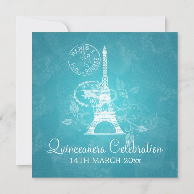 Quinceañera Celebration Party Romantic Paris Blue Invitation (Front)