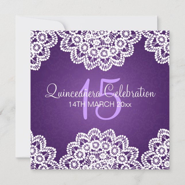 Quinceañera Celebration Party Vintage Lace Purple Invitation (Front)