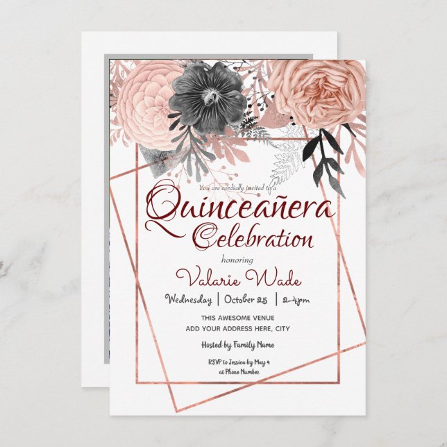 Quinceañera Celebration Pink Roses Floral Invitation (Front/Back)