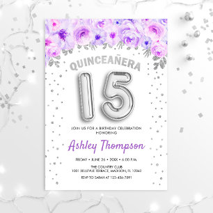 Quinceanera Celebration - Purple Silver Balloons Invitation