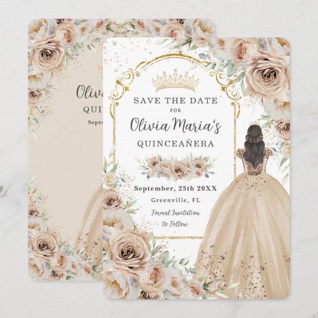 Quinceañera  Champagne Beige Cream Floral Princess Save The Date (Front/Back)