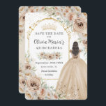 Quinceañera  Champagne Beige Cream Floral Princess Save The Date<br><div class="desc">Personalise this elegant champagne floral Quinceañera / Sweet 16 birthday save the date easily and quickly. Simply click the customise it further button to edit the texts, change fonts and fonts colours. Featuring beautiful watercolor champagne flowers, a girl dressed in a lovely champagne ball gown and a gold princess crown....</div>