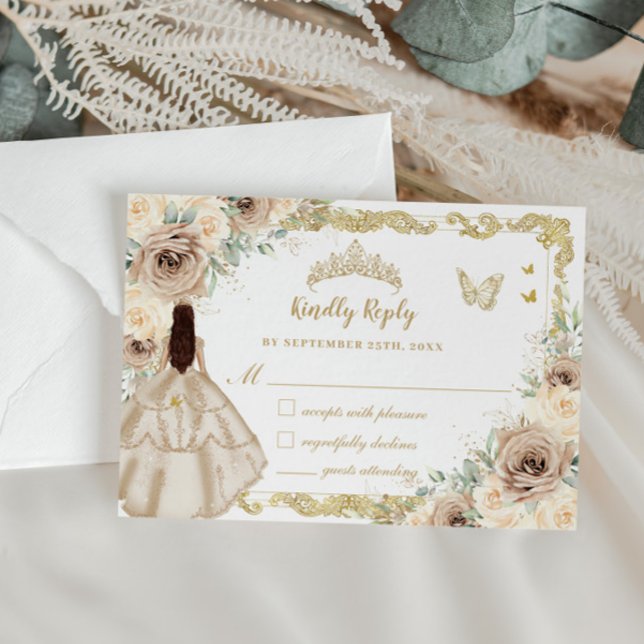 Quinceañera Champagne Cream Floral Dress Princess RSVP Card (Creator Uploaded)