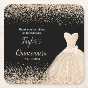 Quinceanera Champagne Faux Glitter Square Paper Coaster