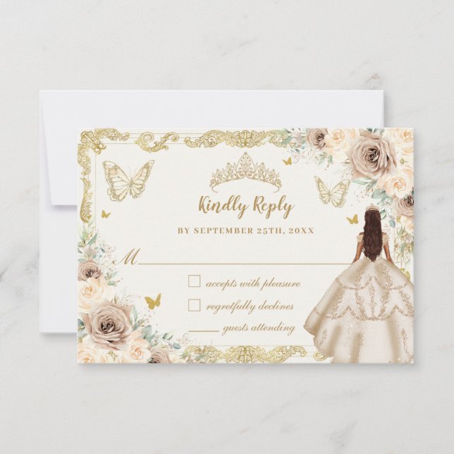 Quinceañera Champagne Floral Dress Princess Gold RSVP Card (Front)