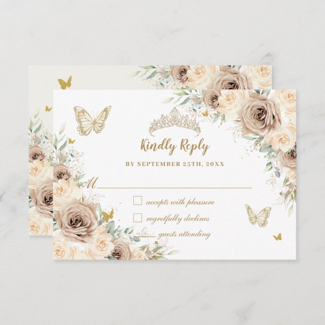 Quinceañera Champagne Gold Floral Butterflies RSVP Card (Front/Back)