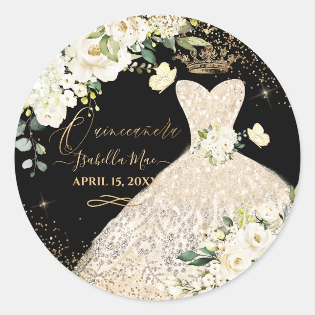 Quinceanera Champagne Gold Glitter Gown Alabaster Classic Round Sticker (Front)