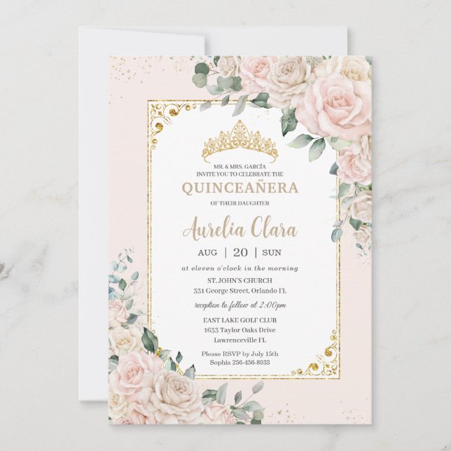 Quinceañera Champagne Ivory Blush Floral Gold Invitation (Front)