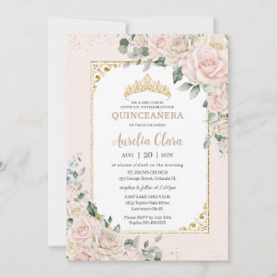 Quinceañera Champagne Ivory Blush Floral Gold Invitation