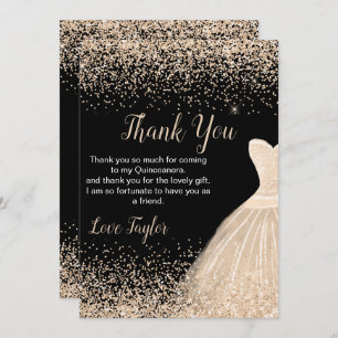 Quinceanera Champagne White Dress Faux Glitter Thank You Card