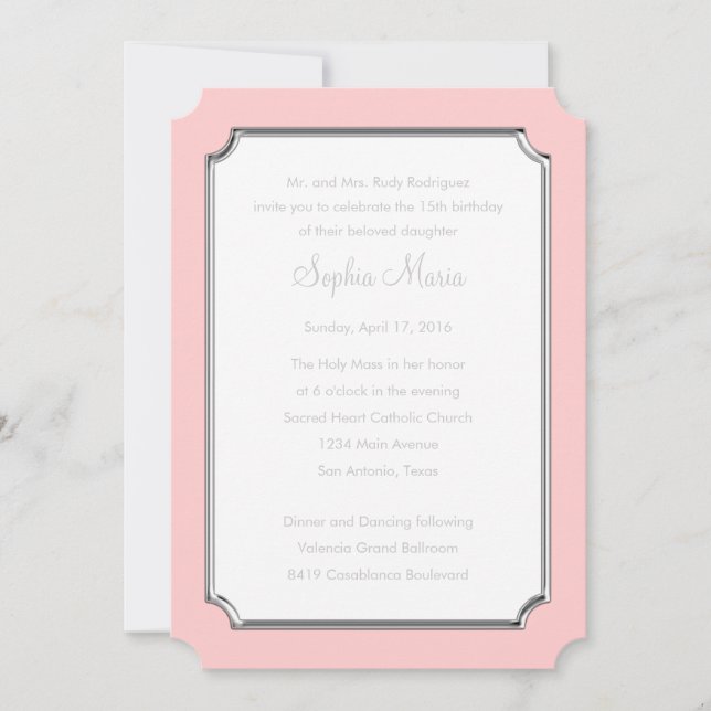 Quinceanera Change Pink to Any Colour Silver Ticke Invitation (Front)
