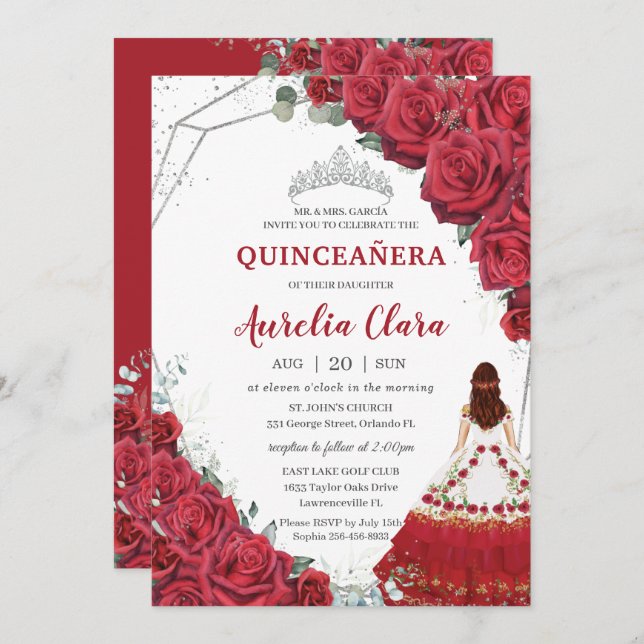 Quinceañera Charro Dress Red Roses Floral Silver Invitation (Front/Back)