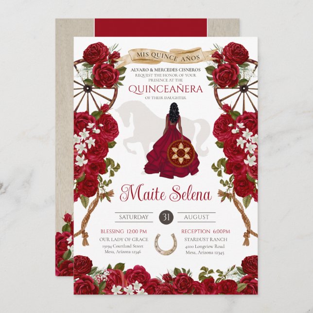 Quinceanera Charro Elegant Red Rose Western Floral Invitation (Front/Back)