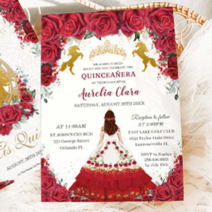 Quinceañera Charro Red Floral Princess Gold Horses Invitation