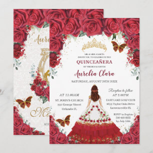 Quinceañera Charro Red Floral Princess Horse Shoe  Invitation
