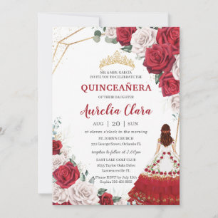 Quinceañera Charro Red White Roses Floral Gold Invitation