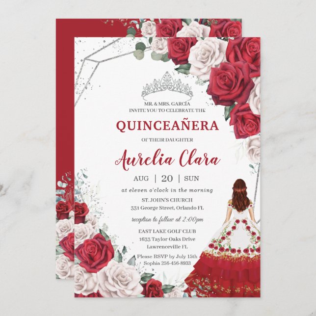 Quinceañera Charro Red White Roses Floral Silver Invitation (Front/Back)
