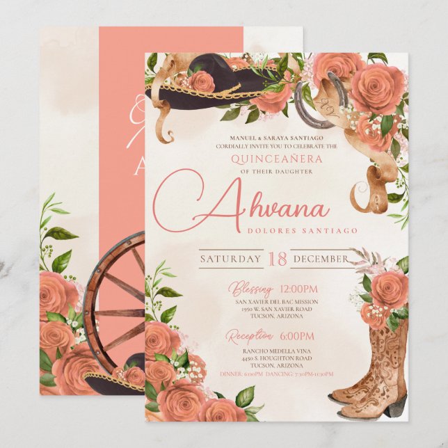 Quinceañera Charro Western Peach Pink Rose Floral Invitation (Front/Back)