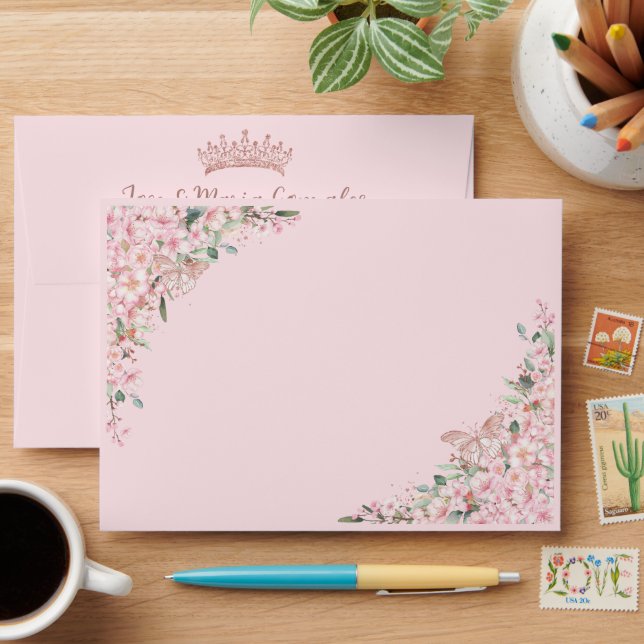 Quinceañera Cherry Blossoms Rose Gold Butterflies Envelope (Desk)