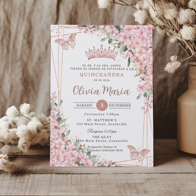 Quinceañera Cherry Blossoms Rose Gold Butterflies  Invitation (Creator Uploaded)