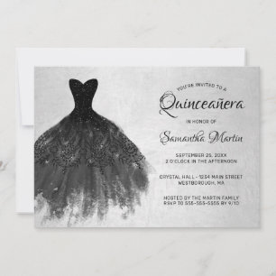 Quinceanera Chic Black Dress on Silver Party Invit Invitation