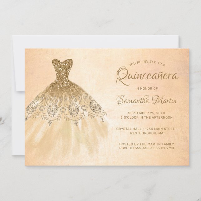 Quinceanera Chic Gold Dress Coral Party Invitation (Front)