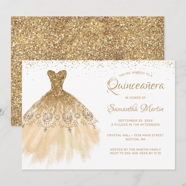 Quinceanera Chic Gold Dress Glitter White Party In Invitation (Front/Back)