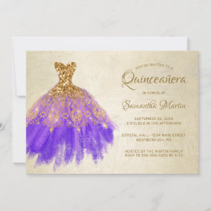 Quinceanera Chic Gold Purple Dress on Gold Party I Invitation