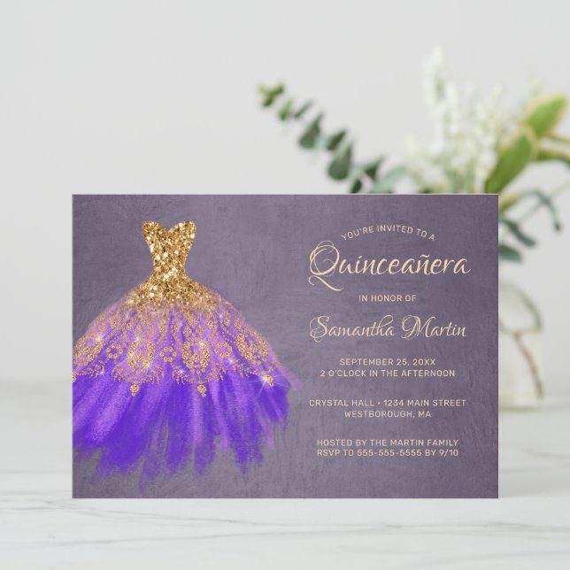 Quinceanera Chic Gold Purple Dress on Plum Party Invitation (Standing Front)