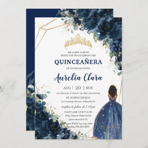Quinceañera Chic Navy Blue Floral Brown Princess Invitation