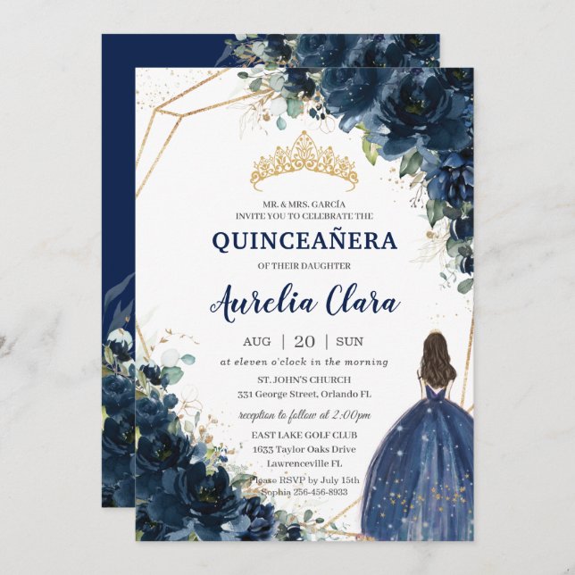 Quinceañera Chic Navy Blue Floral Princess Crown  Invitation (Front/Back)