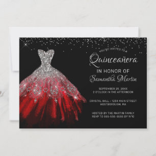 Quinceañera Chic Red Silver Dress Party Invitation