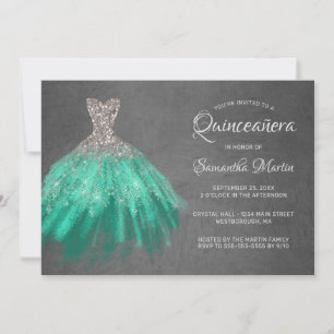Quinceanera Chic Silver Aqua Dress on Grey Party Invitation