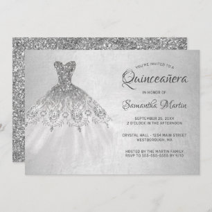 Quinceanera Chic Silver Dress Silver Glitter Party Invitation