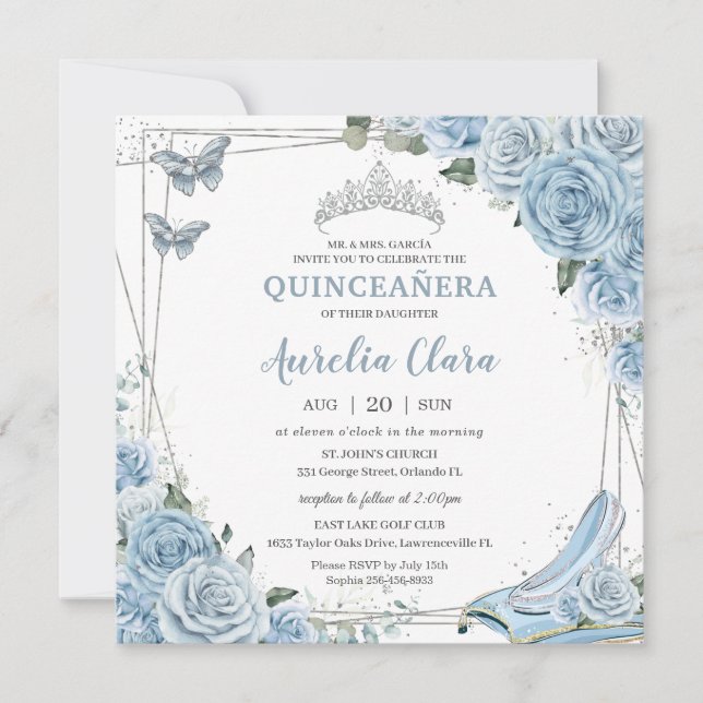 Quinceañera Cinderella Princess Baby Blue Floral Invitation (Front)